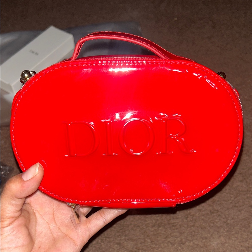 New Dior Red Crossbody or Makeup Pouch With Gold Chain